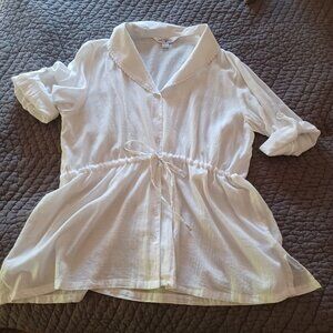 April Cornell cottagecore top w/ white shawl collar cinched waist, size 18